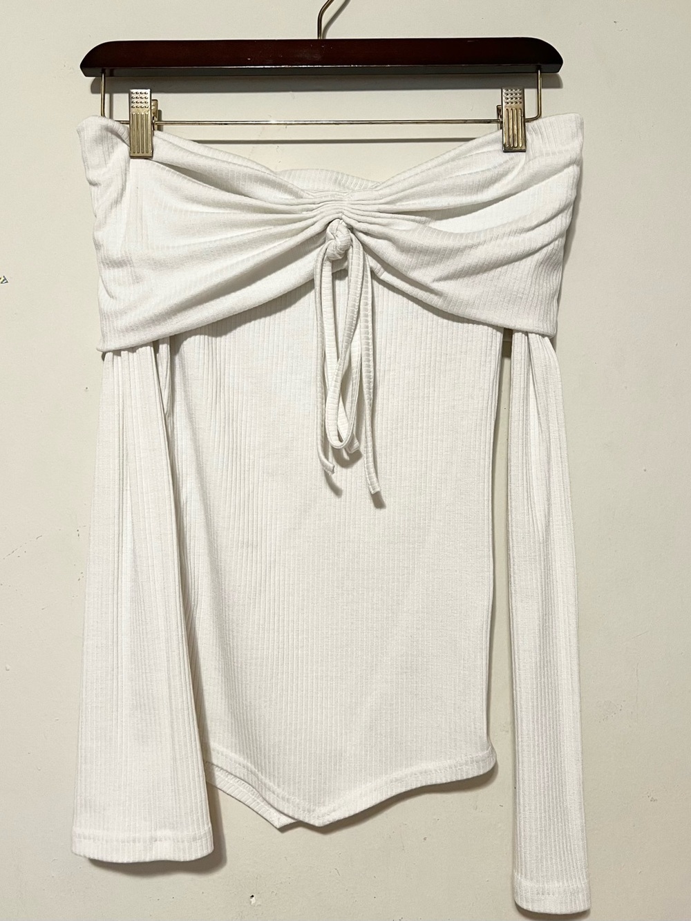 White Off-Shoulder Drawstring Ribbed Top